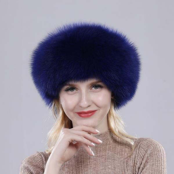 

Жіночі зимові розкішні шапки з натурального хутра лисиці в етнічному стилі, монгольська шапка, модна тепла шапка для дівчаток для вулиці із захистом вух з натурального хутра лисиці Free size 52cm-60cm королівський синій колір