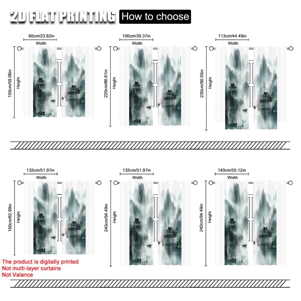 2pcs   Pattern Curtains  print Chinese Ink Landscape 100% Polyester (without rod) Home Decor Use for Living Room   Semi-Sheer
