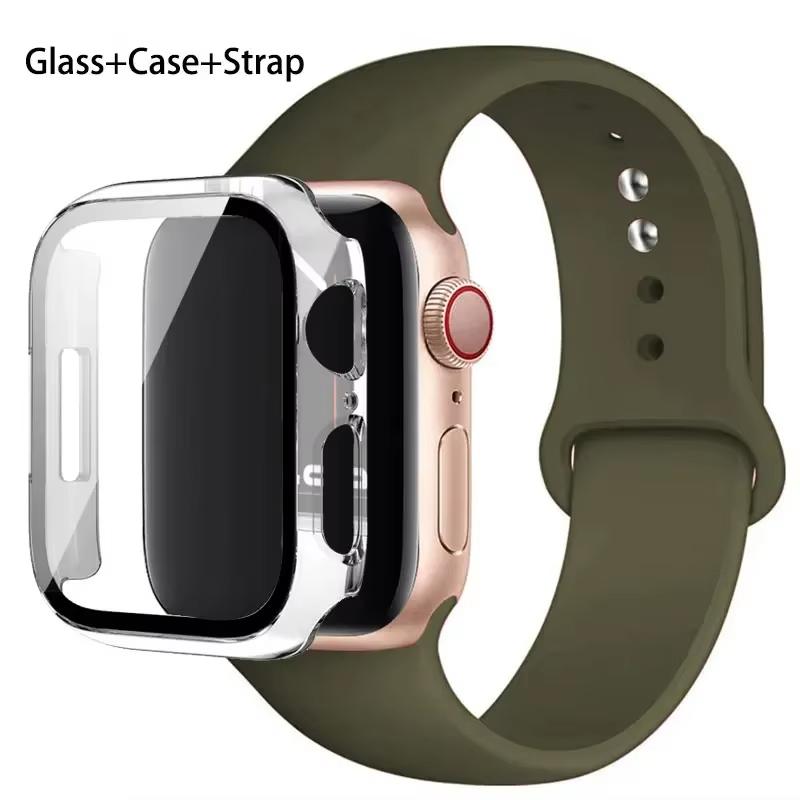 Glass+Case+Strap For Apple Watch band 46mm 45mm 44mm 41mm 40 38mm Silicone watchband bracelet iWatch series 10 9 8 7 6 5 4 3 SE