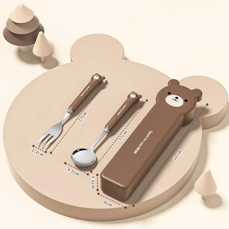 Cartoon Bear Cutlery Set with Case Stainless Steel Kids Fork Spoon Portable Cutlery Set Travel Tableware Reusable Flatware