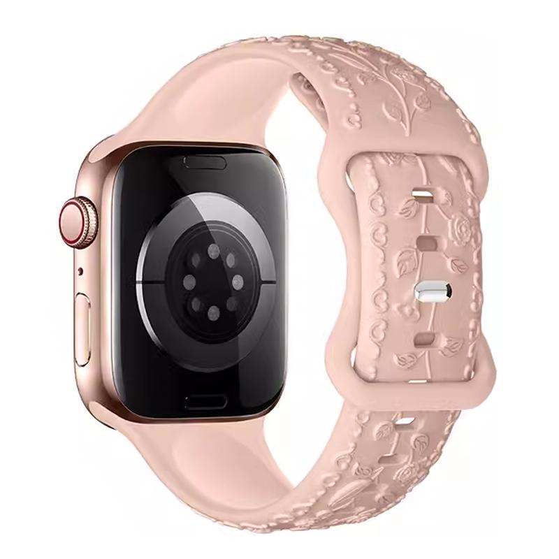 Engraved Strap For Apple Watch Band 42mm 44mm 45mm 41mm 40mm 49mm Silicone Floral Bracelet Correa Series 8 9 7 SE 4 5 6 Ultra 2