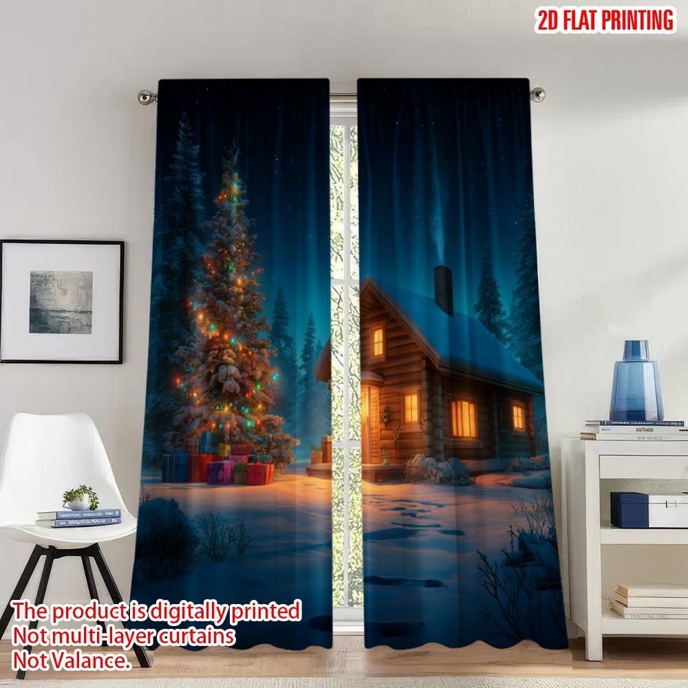 

Set Of 2 Classic Flat Printing Christmas Hot Curtains Cozy Cabin Tree Gifts Digital Printed Polyester Drapes Family Curtain W100*H70(CM)-Grommet top&1PCS