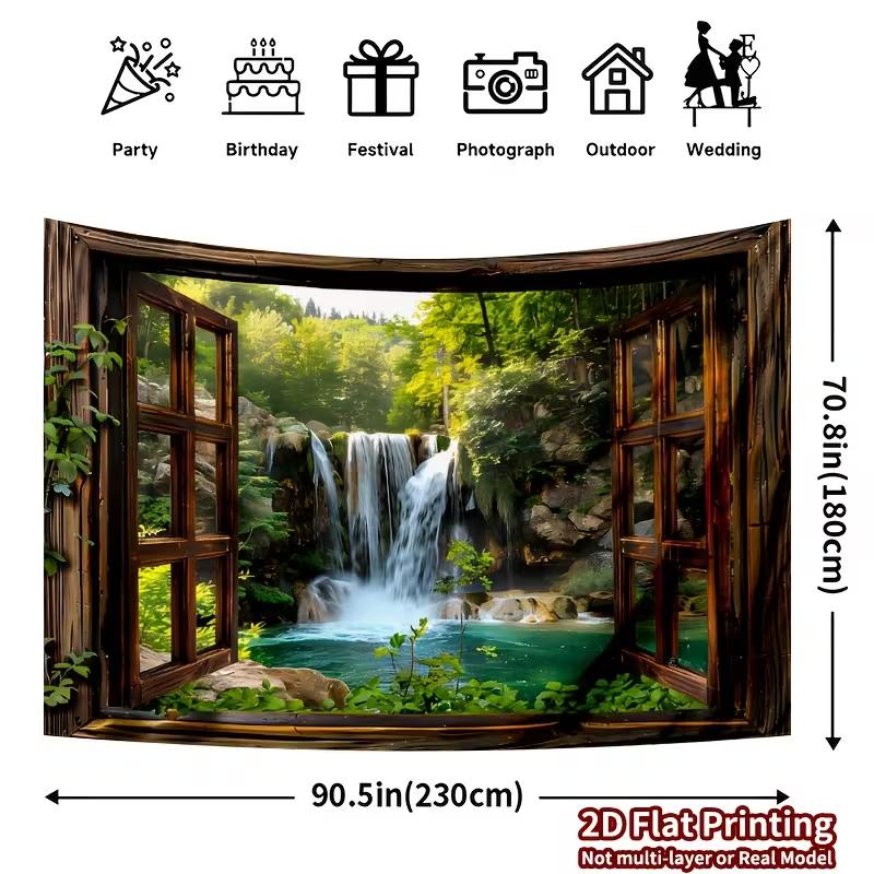 2D Scenic Waterfall View Tapestry Open Window Photography Background