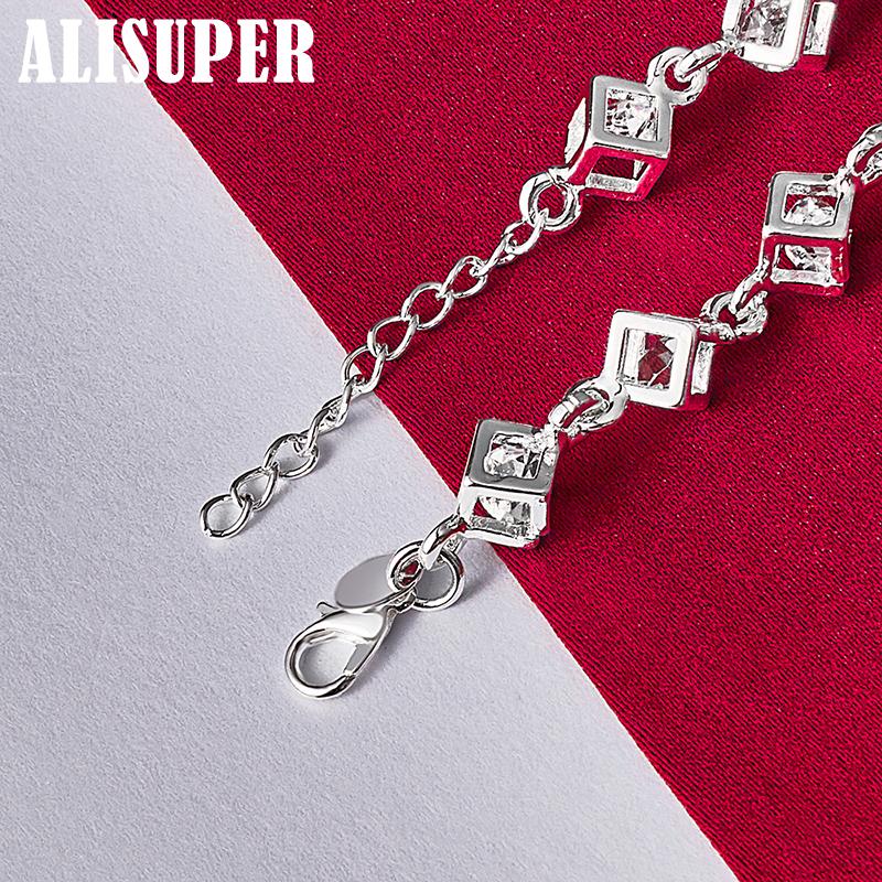 925 Sterling Silver Square AAA Zircon Chain Bracelet Jewelry
