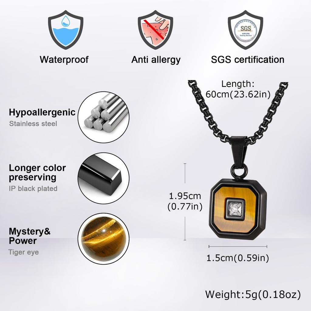 Stylish Square Pendant Necklaces for Men,Small Geometric Natural Stone Stainless Steel Pendant,Center Zircon Collars Gift