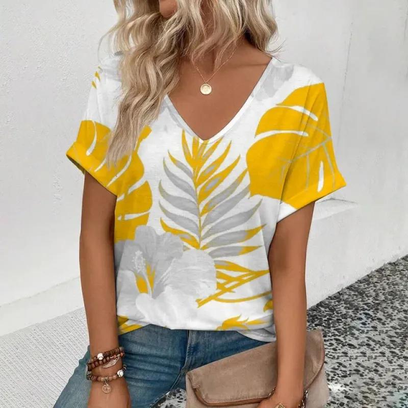 

Женская футболка с V-образным вырезом, модная футболка с фрагментированным цветочным узором, удобная и элегантная женская футболка с короткими рукавами для отдыха 6XL