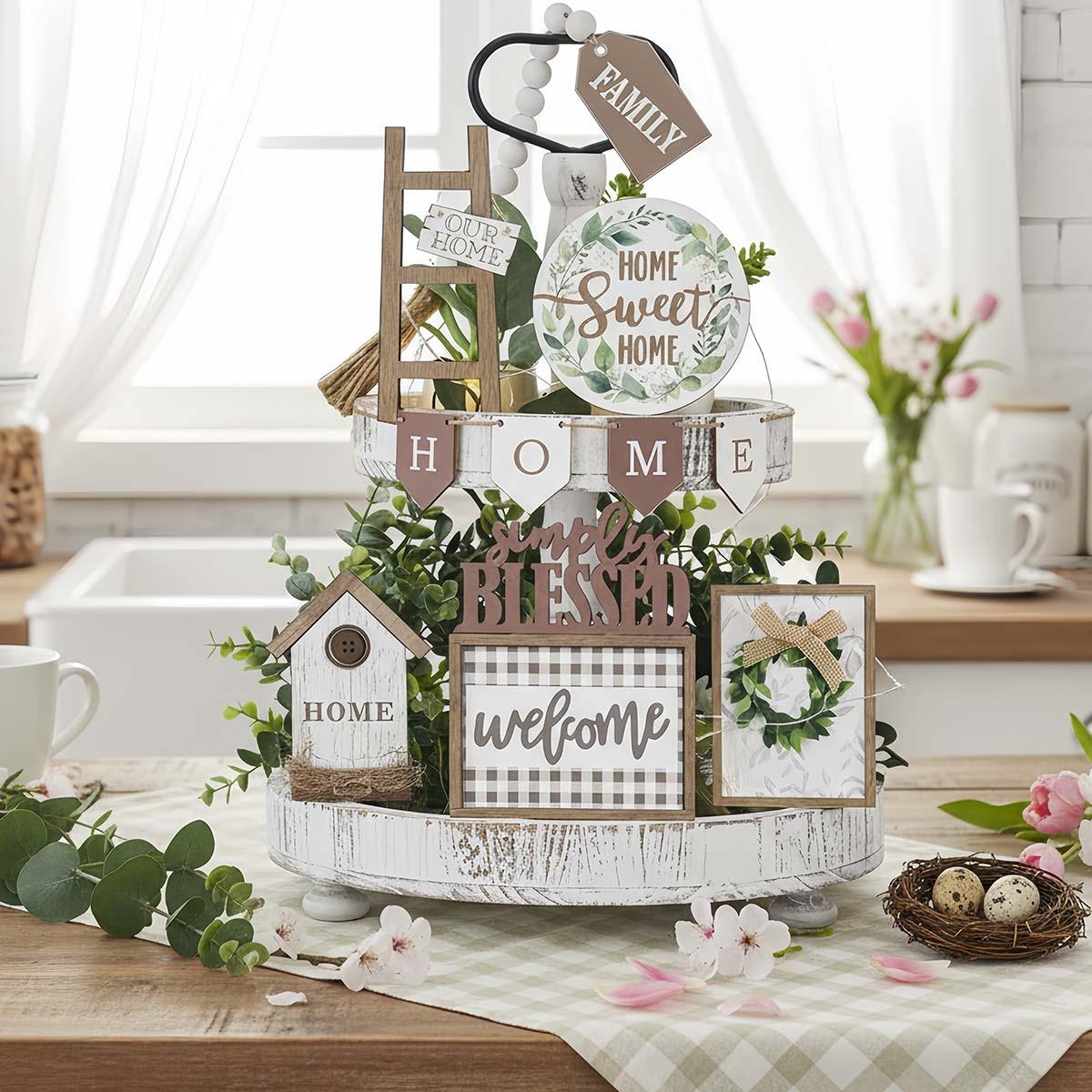

Set of 11 Farmhouse Tiered Tray Decor Rustic Home Tiered Tray Decorations Set Wooden Signs Farmhouse Tabletop Wood Signs for Kitchen Table Shelf Decor