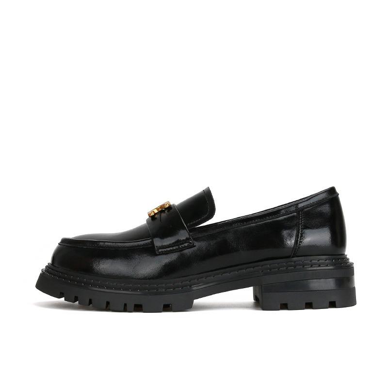 Small leather shoes for women, small gold buckle round head, one pedal, platform loafer single shoes for women