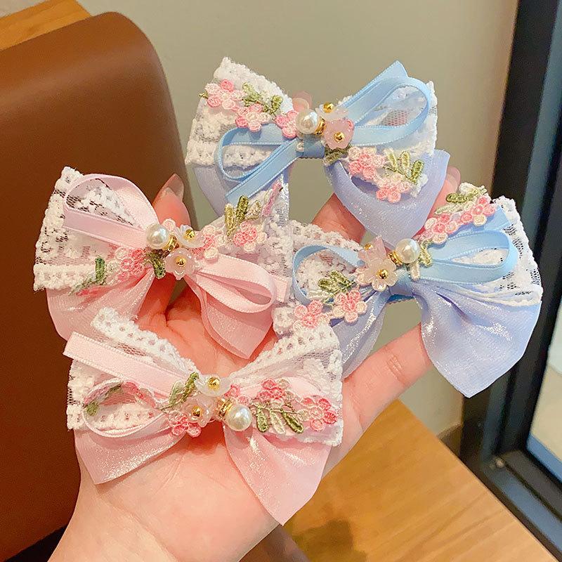 1Pair Cartoon Fashion Floral Embroidery Lace Pearl Bowknot Barrettes Cute Kid Princess Hair Clip Hair Accessories Girls Gifts