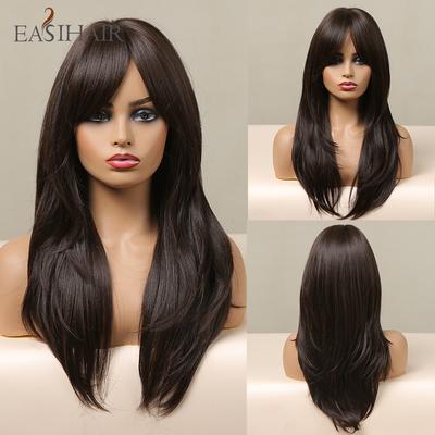 Lange dunkelbraune synthetische Perücken für Frauen, natürliche geschichtete Haarperücken mit Pony, hitzebeständige Cosplay-Perücke