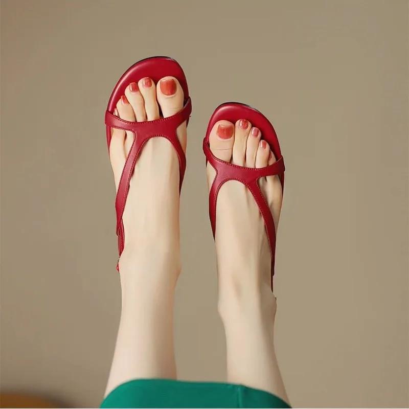 Fashion 2025 Summer New Soft Leather Sandals for Women's Fashion Style, Open Toe Middle Heel Sandals, French Round Head Strap Sandals
