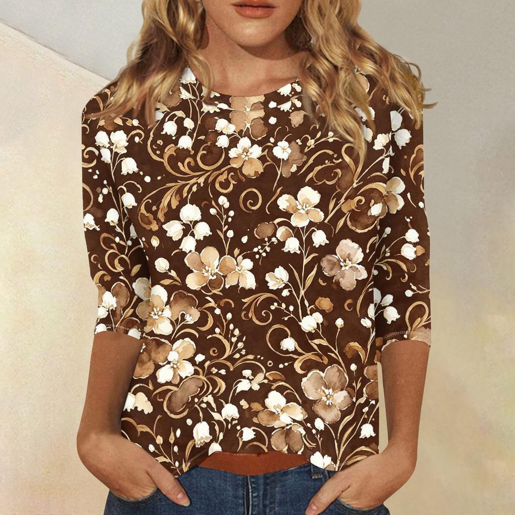 Women's Casual Floral Print Three Quarter Sleeve Top Round Neck Blouse Lightweight Comfortable Fit Suitable for Everyday Wear