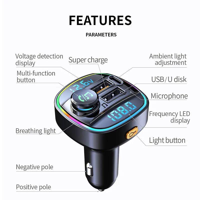 Bluetooth 5.0 FM-sender Håndfri bilradiomodulator MP3-spiller med 22,5W USB superhurtigladeadapter for bil