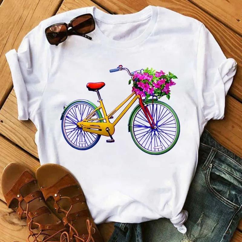 Bicycle Flower Print Tshirt Short Sleeve Round Neck Womens Dress Tops Graphic T Shirts Aesthetic Aesthetic Clothes Kawaii