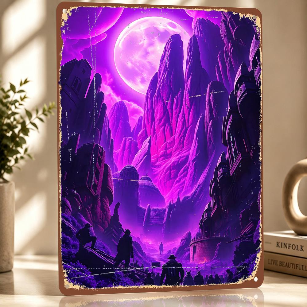 Purple Mountain Fantasy Personalized D Textured Metal Poster Wall Art Tinplate Sign for Decoration Room Decorating Interior