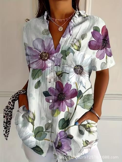European and American summer hot-selling shirts, short-sleeved women's clothing, printed fashion lapel shirts, tops, casual women's clothing