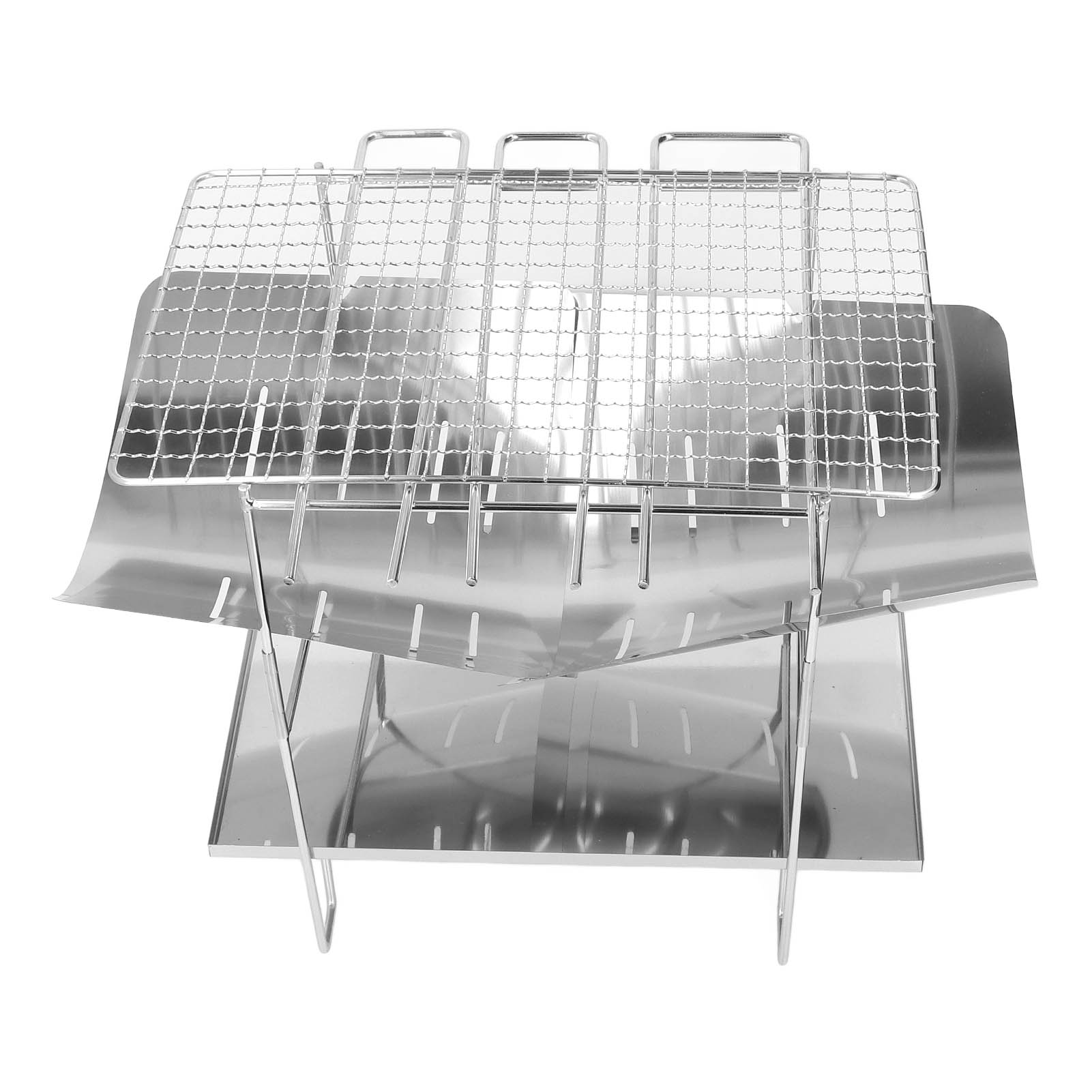 

Camping BBQ Grill Stainless Steel Folding Curved Slot Design Dust Catcher Over Fire Outdoor