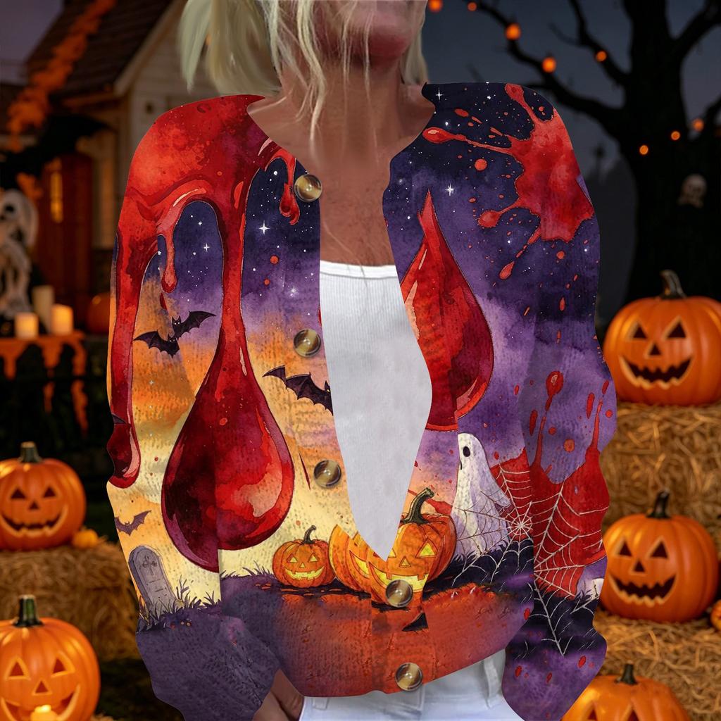 Women's Long Sleeve Knit Cardigan Button Front Sweater Halloween Themed Print Casual Lightweight Outerwear for Seasonal Wear