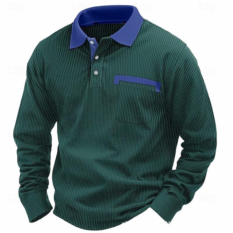 Frühling Herbst Casual Herren Polo Shirts Langarm Button-up Revers Patchwork Tops Vintage Männer Kontrast Farbe Waffel T-shirts