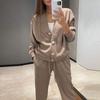 Women's Casual Solid Color Cardigan Jacket & Wide-Leg Pants Two-Piece Sportswear Set - Autumn/Winter Collection