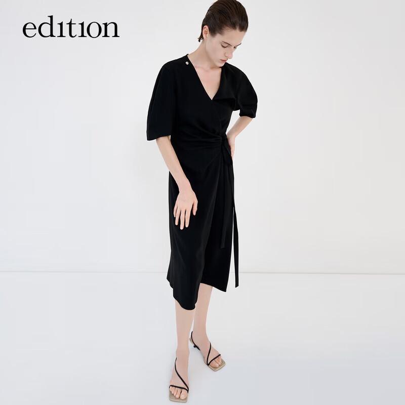 Edition French Puff Sleeve Tie-Waist Acetate V-Neck Little Black Dress