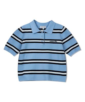 WACKY WILLY Women'S Striped Collared Short Sleeve Knit Sky Blue