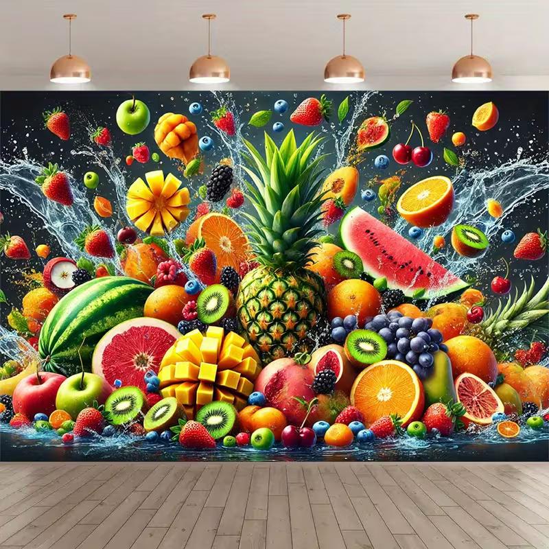 Tropical Fruits Water Splash Tapestry, Pineapple Watermelon Background Cloth, Kitchen Wall Decor