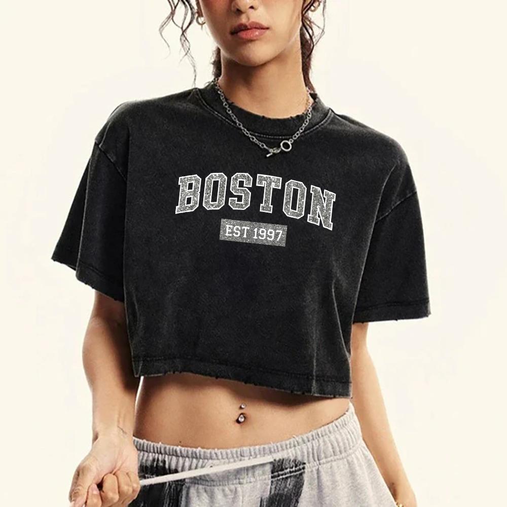 Diamond Style Boston Printed Washed Crop T-Shirt Women Summer O-Neck T Shirts Cotton Short Sleeve Casual Slim T Shirt