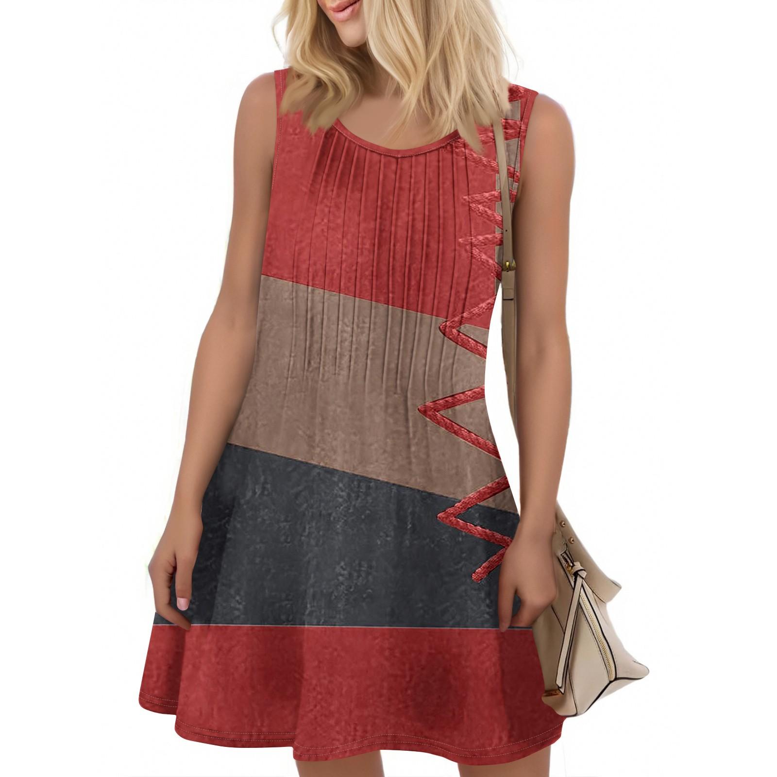 

Женская мода летнее платье с цветным лоскутным принтом, свободное пляжное повседневное платье без рукавов для отдыха S красный