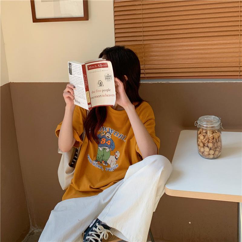 Vintage Funny Cartoon Print Young Girl Short Sleeved T-shirts for Women's Summer Casual Loose T Shirt Harajuku Streetwear Tshirt Y2k Tops