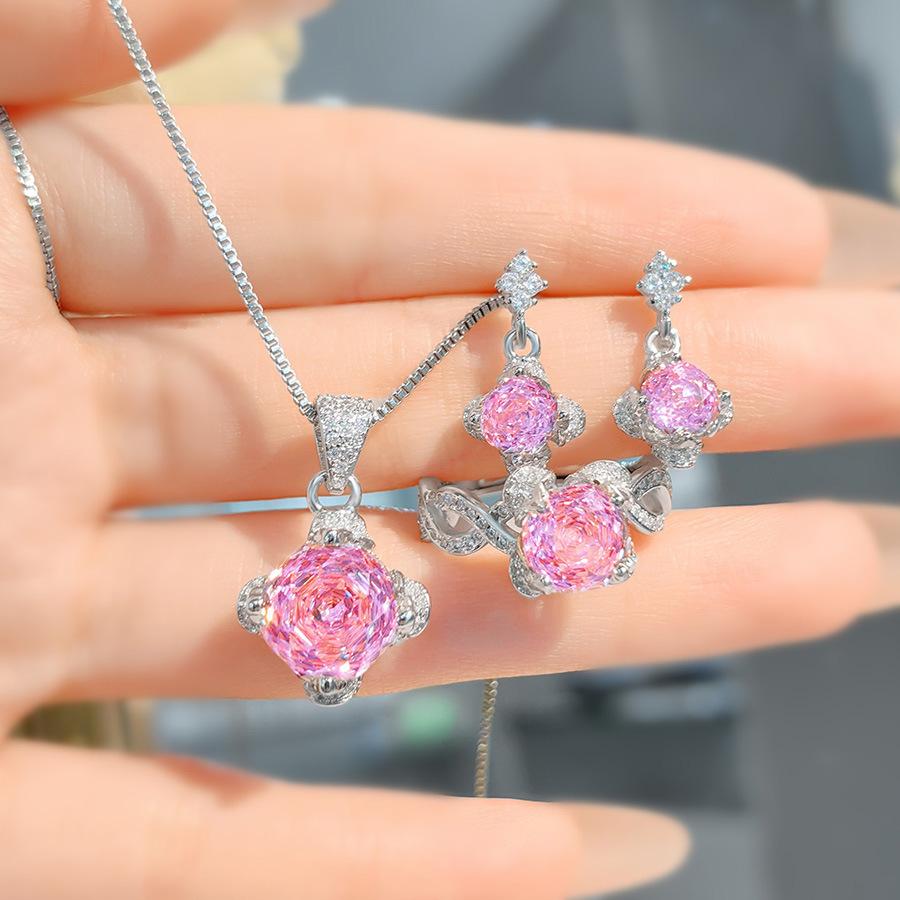 Octagonal Millennium Rose Cut Paraiba Necklace Pendant With High Carbon Diamond Colorful Diamond Stud Earrings Pink Diamond Ring Women