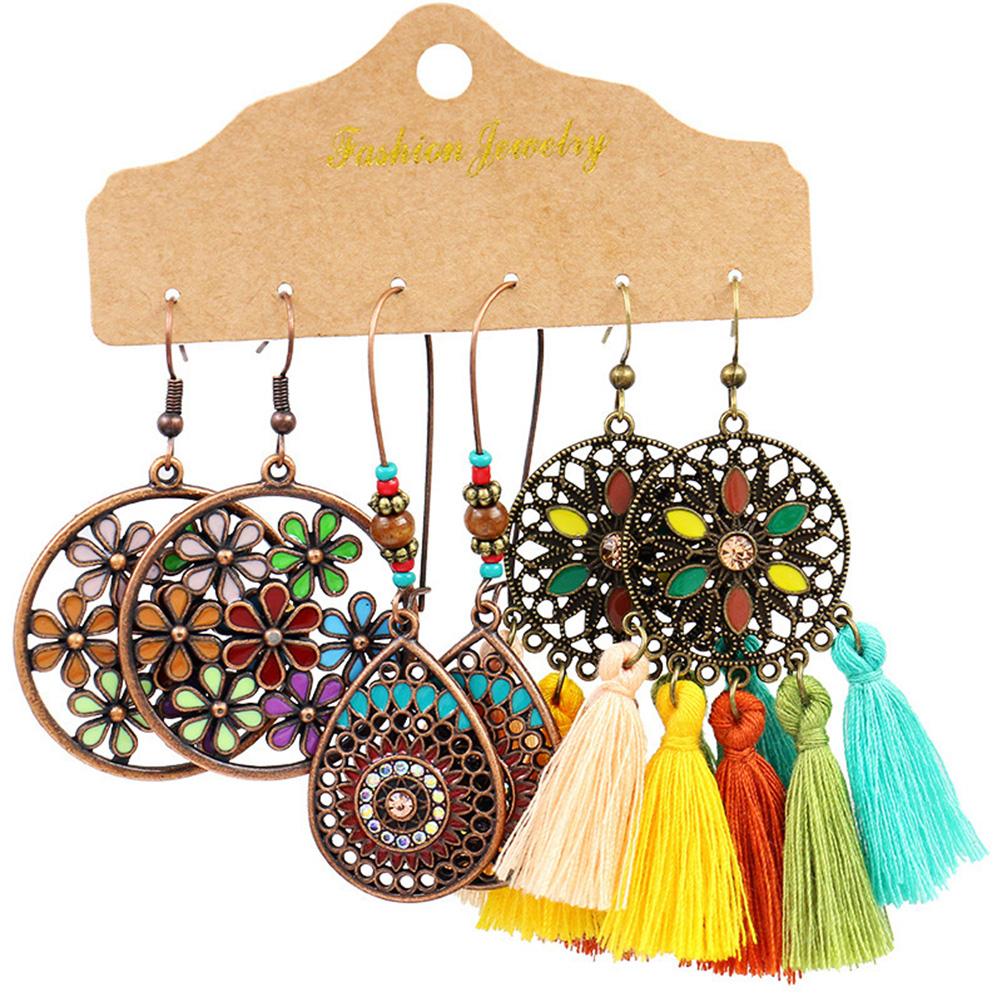 Colorful Tassels Earrings Set Ethnic Women Geometric Round Bronze Metal Drop Vintage Boho Wholesale Zircon Party Gifts