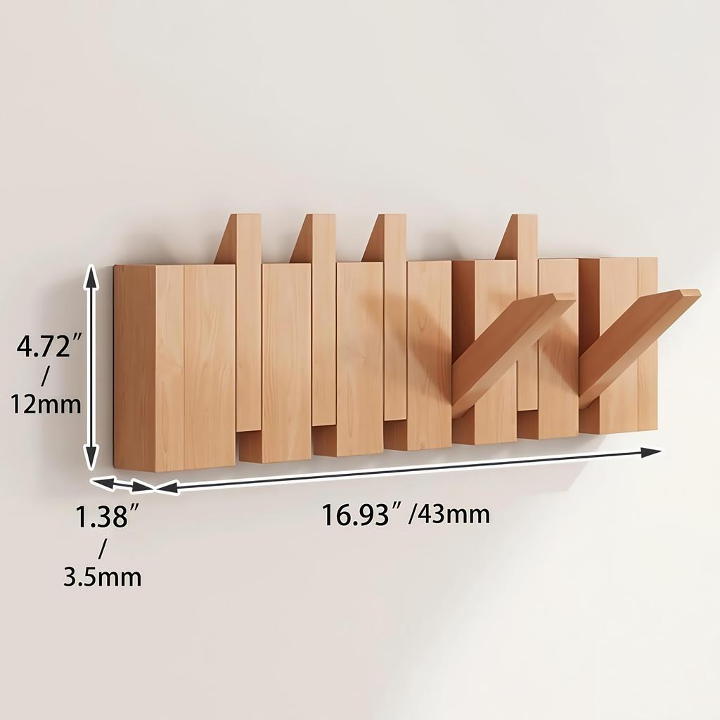 [Wall-Mounted Coat Rack] 1pc Natural Wood Wall-Mounted Coat Rack with Hooks -Piano-Shaped Accordion Design,Walnut Finish,Space-Saving Vertical Storage