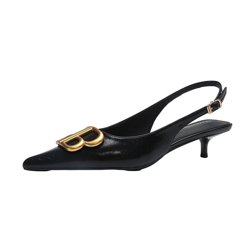 

Letter metal buckle pointed sandals bag head thin heel new retro empty single shoes women 35 чёрный
