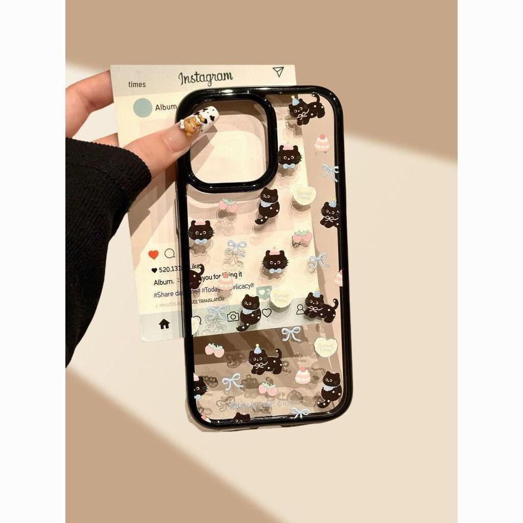 Love Heart Black Cat Phone Case – Black Frame, Drop-Proof Hard Shell for Apple iPhone 15 To 17 Pro/Pro Max.