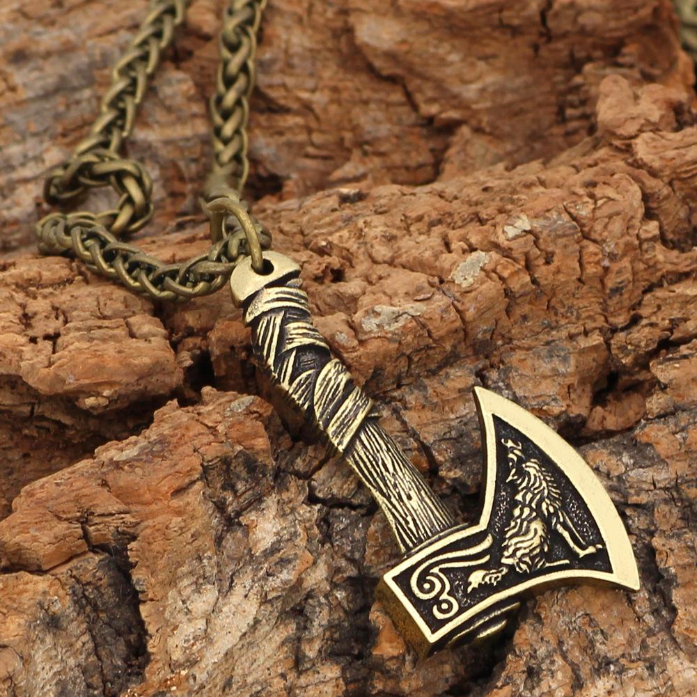 Viking Amulet: Double-sided Raven Wolf Axe & Celtic Wolf Head Pendant Necklace