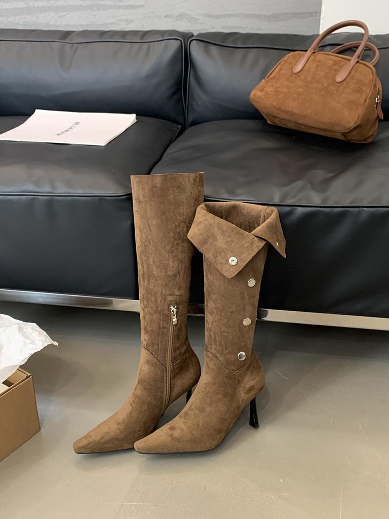 Fashion Pointed Toe Women Knee High Boots Black Beige Brown 2024 New Arrivals Side Zipper Belt Buckle Winter Autumn Fashion Women Knight