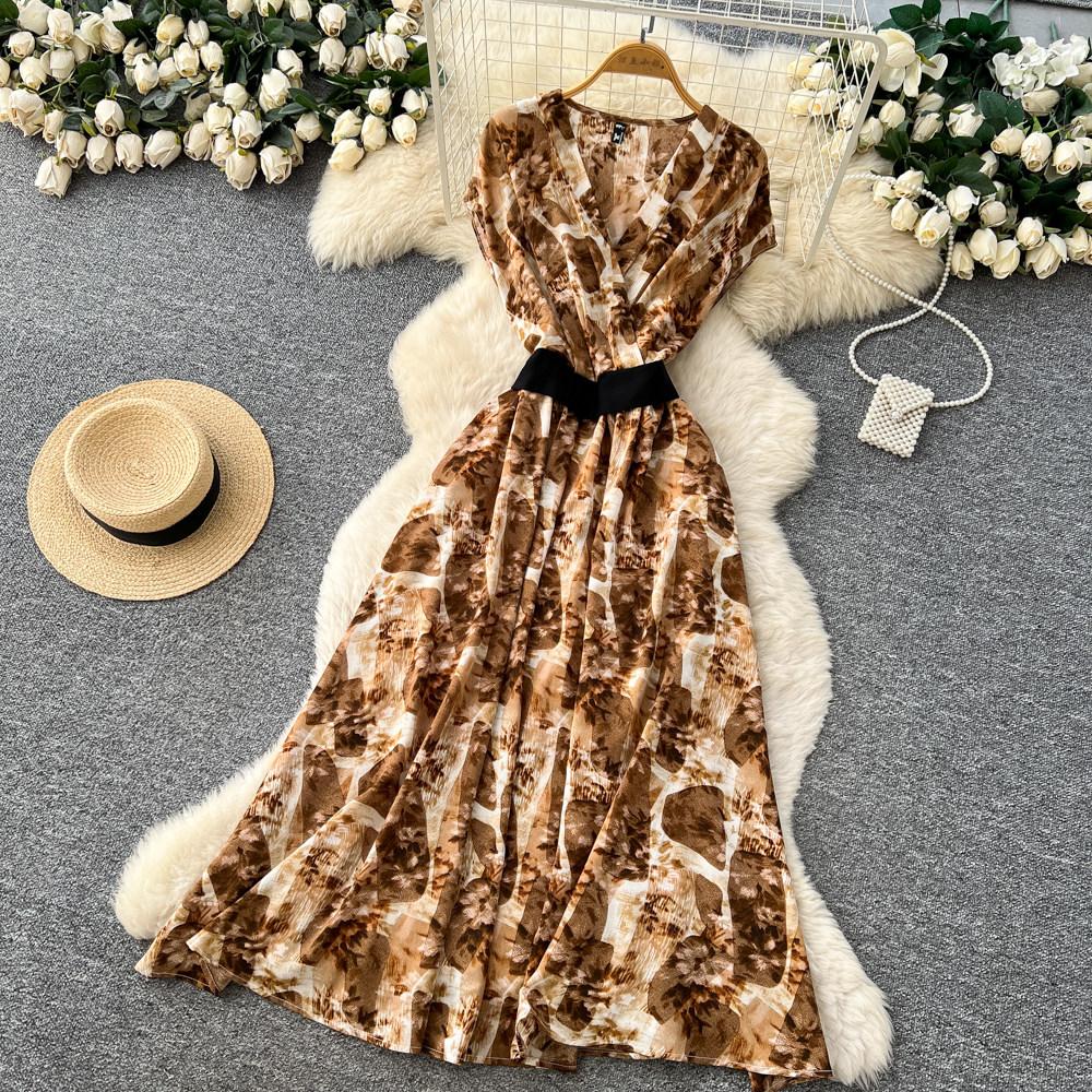Commute Sleeveless Printed Dress Women Spring New High Waist Slim A Line Long Dress Luxury Design Sense