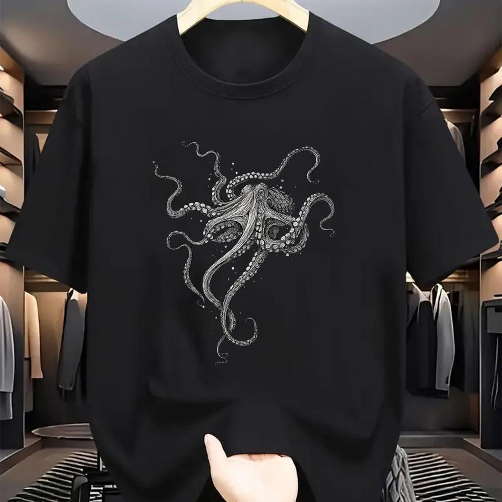 Men Vintage Octopus Print T-Shirt Hand-Drawn Style Breathable Comfortable Casual Short Sleeve Round Neck