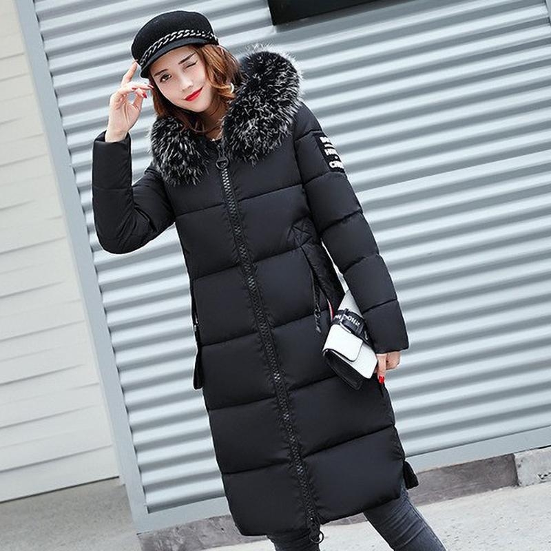 Women's Down Parkas Winter Jacket Fur Collar Thick Slim Coat Fashion Hooded Cotton Outerwear Long Winter Women Coat