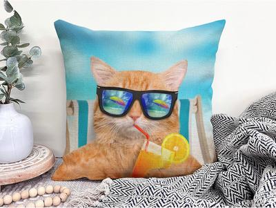 Cool Cat Pillow Cover, Funny Summer Beach Cat Cushion Case, Novelty Animal Home Decor, Gift for Cat Lovers
