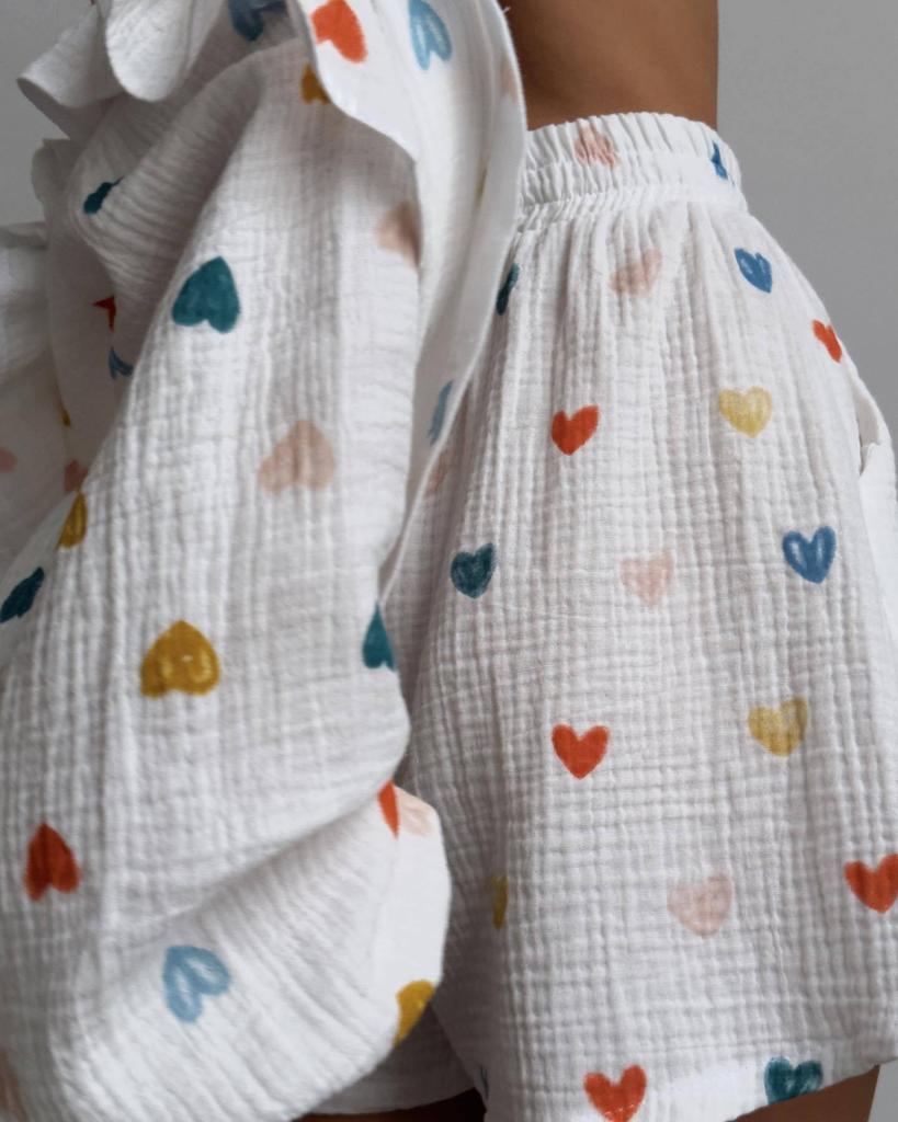 Fashion Ruffle Heart Cotton Linen Homewear Set