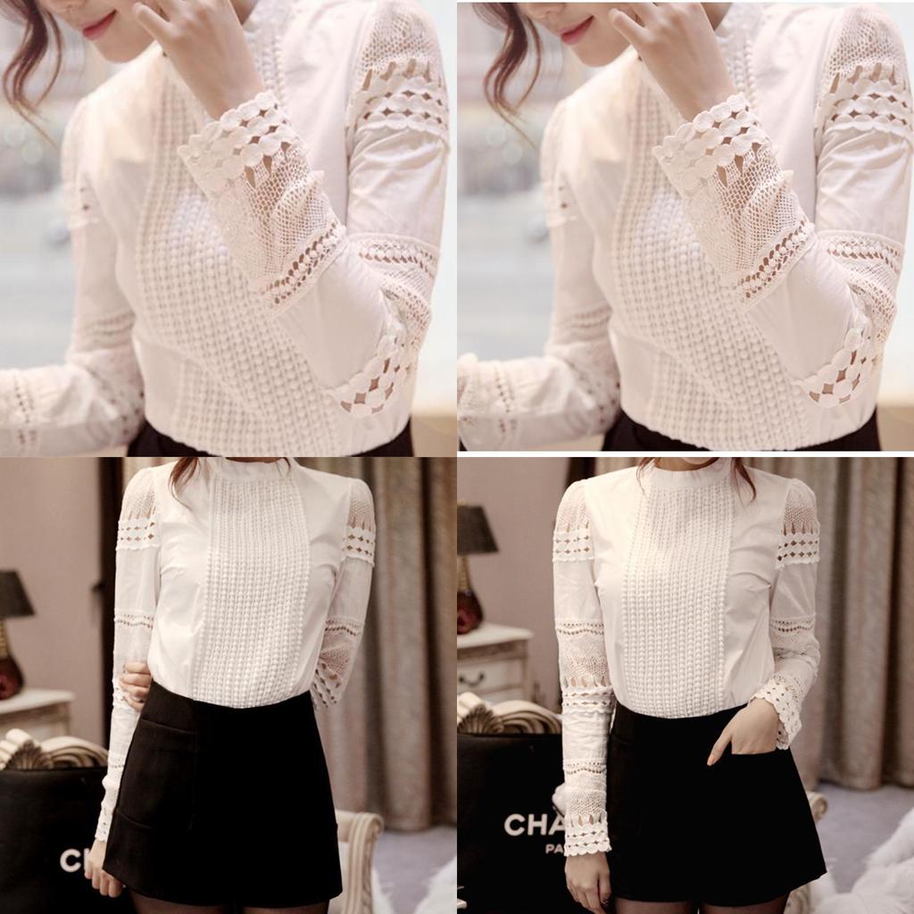 Sweet Women Hollow Out Lace Tops With Casual Long Sleeve Design And Elegant Collar Standing