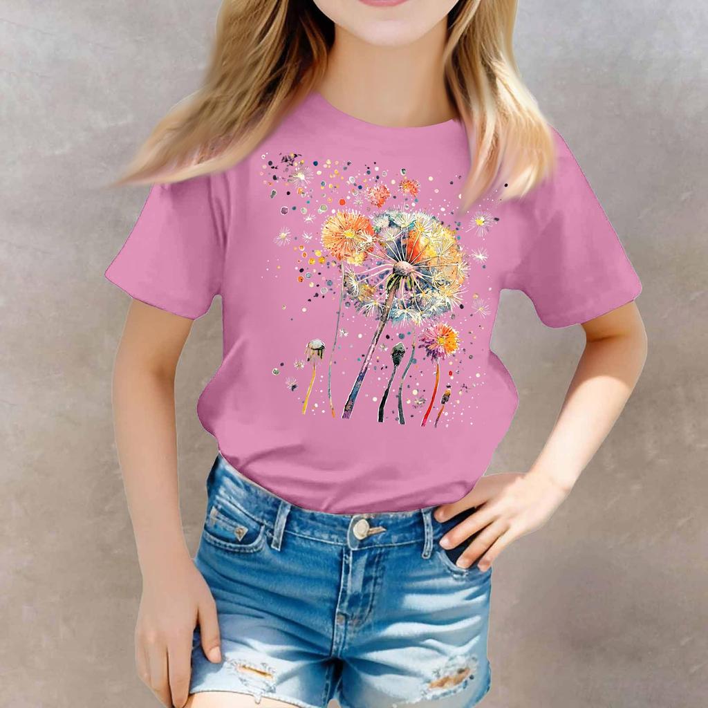 Girls Round Neck Casual Printed Short-sleeved T-shirt Top