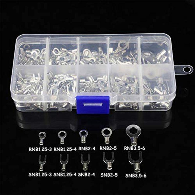 ABUL-640Pcs 10 In 1 Terminals Non-Insulated Ring Fork U-Type Brass Terminals Assortment Kit Cable Wire Connector Crimp Spade