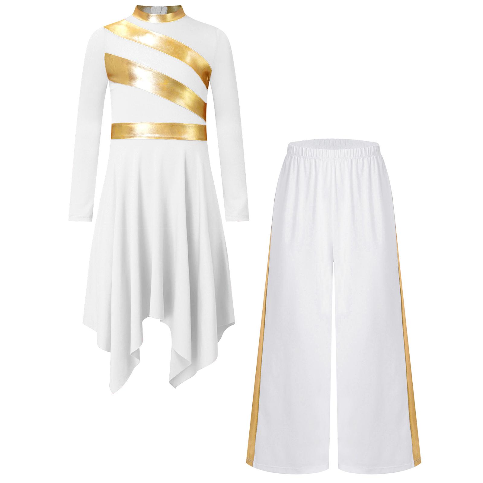 

Girls Praise Worship Dance Dress Set Mock Neck Long Sleeve Asymmetrical Hem Metallic Patchwork Contrast Color Dress with Wide Leg Pants 5-6 Years