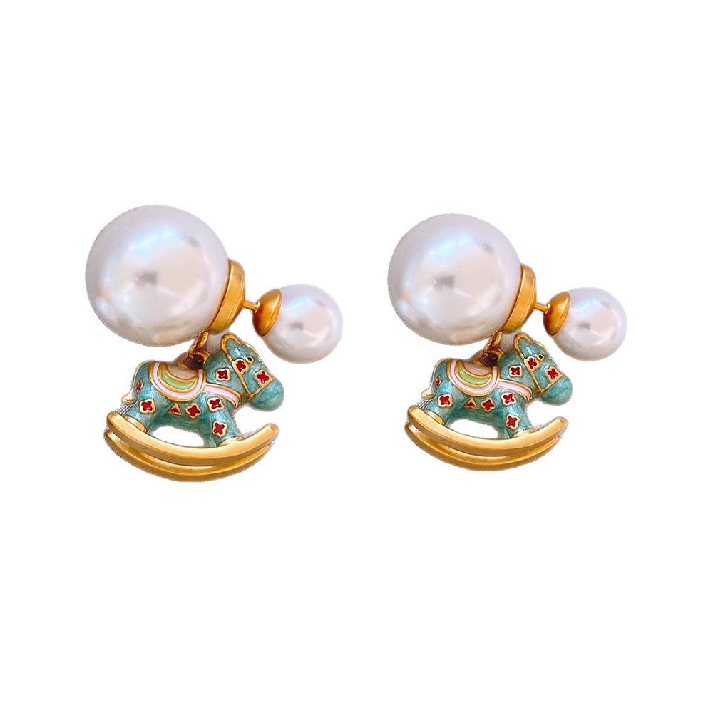 Elegant Pearl Stud Earrings with Two-Way Rocking Horse Design - Light Luxury Retro Style for Women
