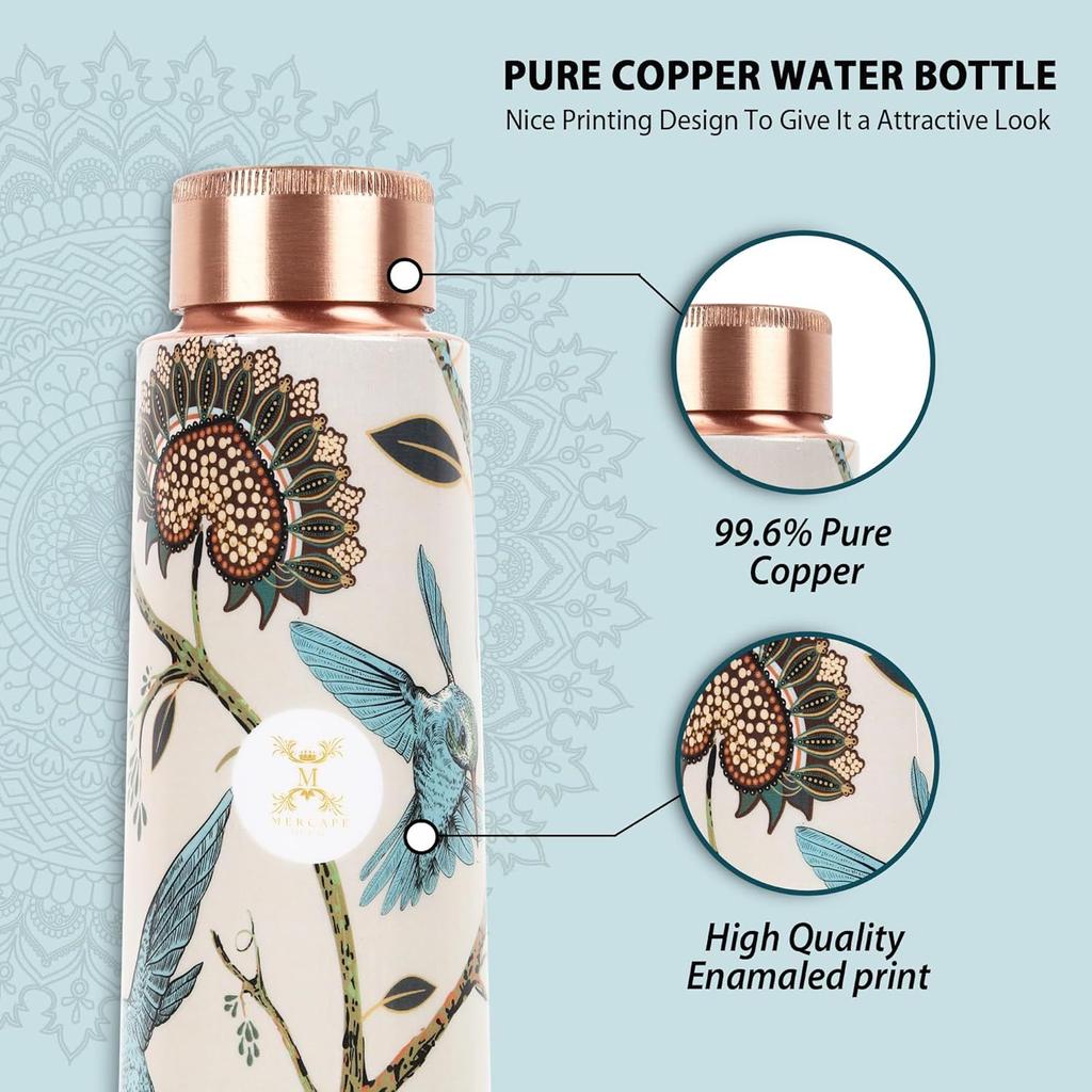 Láhev na vodu z čisté mědi 900 ml se skleněnou sadou Best Tamba v tištěném designu (900 ml 2x 300 ml)