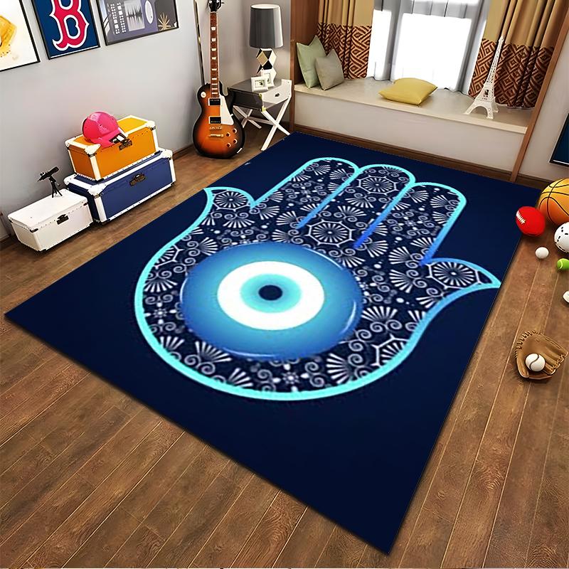 Blue Hamsa Evil Eye Pattern Carpet with Intricate Floral Design Suitable for Use As an Anti-slip for Living Room Bedroom Sofas