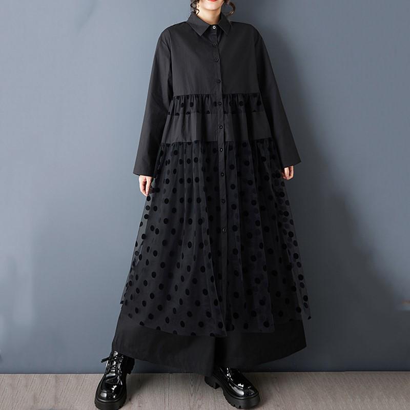 

Long sleeve Plus size cotton mesh vintage new in dresses for women casual loose Spring summer autumn shirt dress чорний